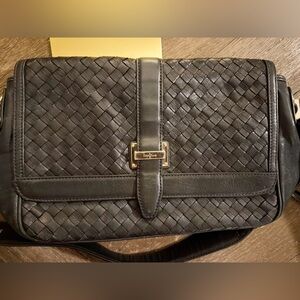 Cole Haan Black Woven Leather Shoulder Bag w/ Gold Hardware